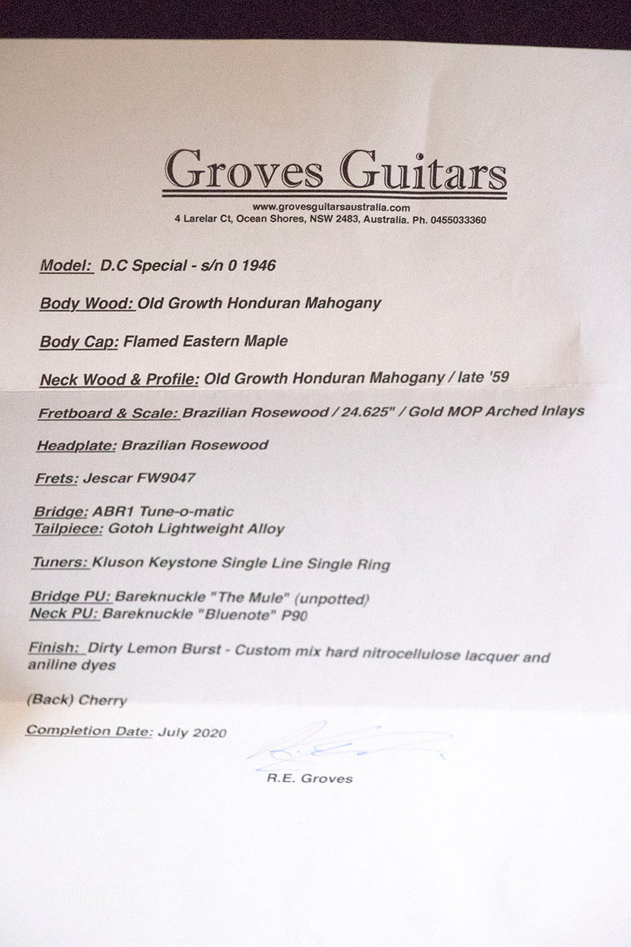 Groves Guitar Brazilian Fretboard - Australian Made